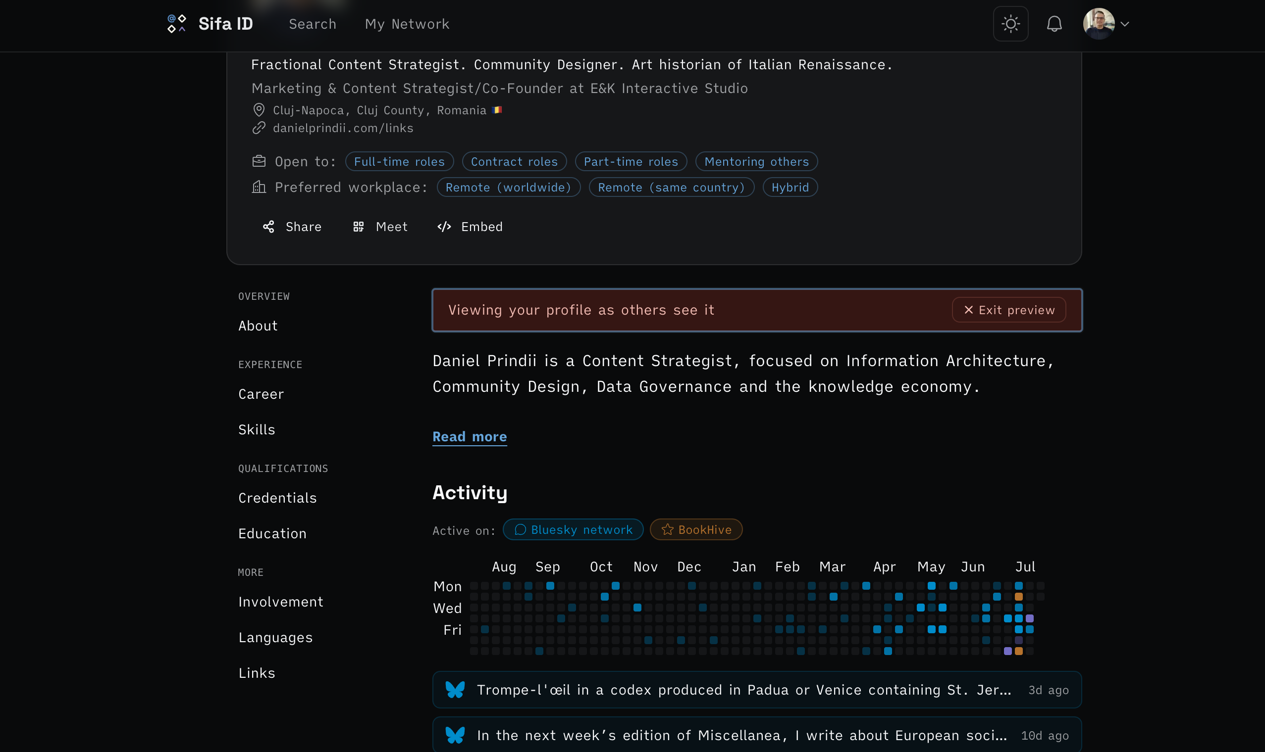 Screen shot of a Sifa ID profile page
